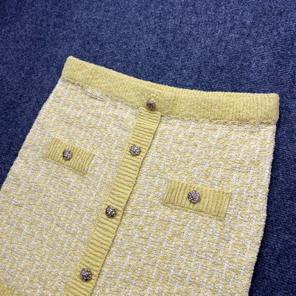 NOVALUXE Tweed Knit Button Front Yellow Plaid Mini Skirt